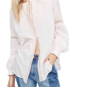 Free People shimmers & stripes button down pastel pink & gold cotton blouse M